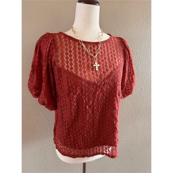 Lace embroidered short puff sleeve blouse - Picture 6 of 8